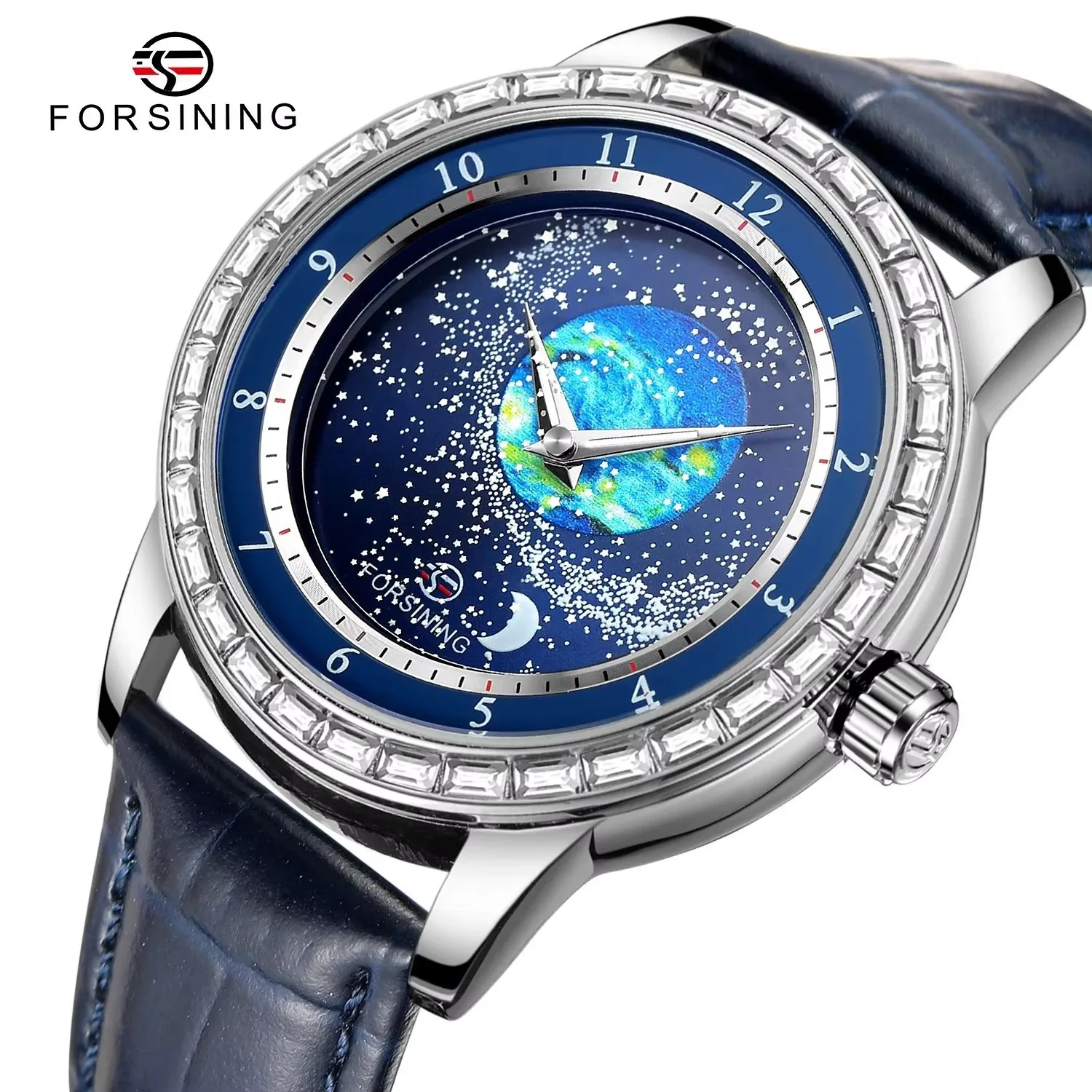 Forsining Luxury Mens Automatic Mechanical Watch Earth Star Moon Starry Milky Way Rhinestone Dial Leather Strap 3 Atm Waterproof