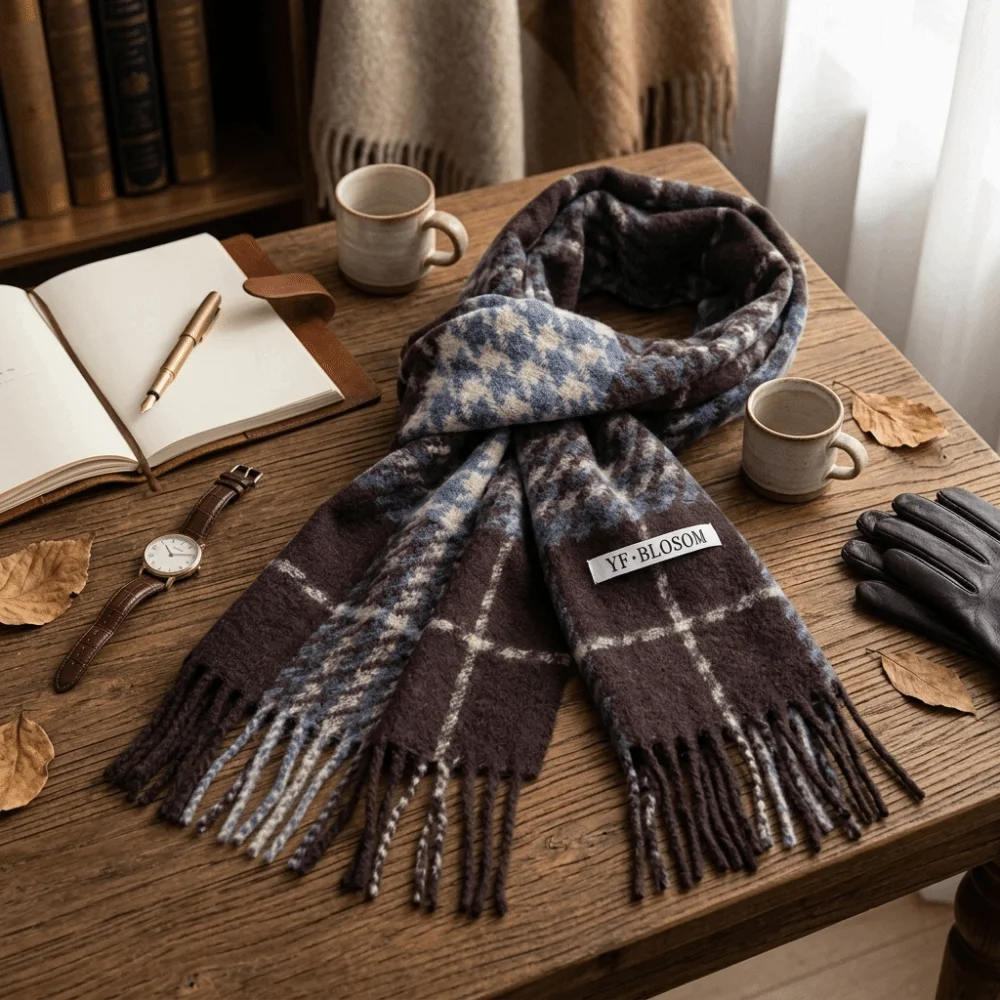 Polyester Fabric Plaid Faux Cashmere Scarf 200cm x 63cm Tassel Design Soft Warm Winter Scarf Versatile Shawl Wrap Student