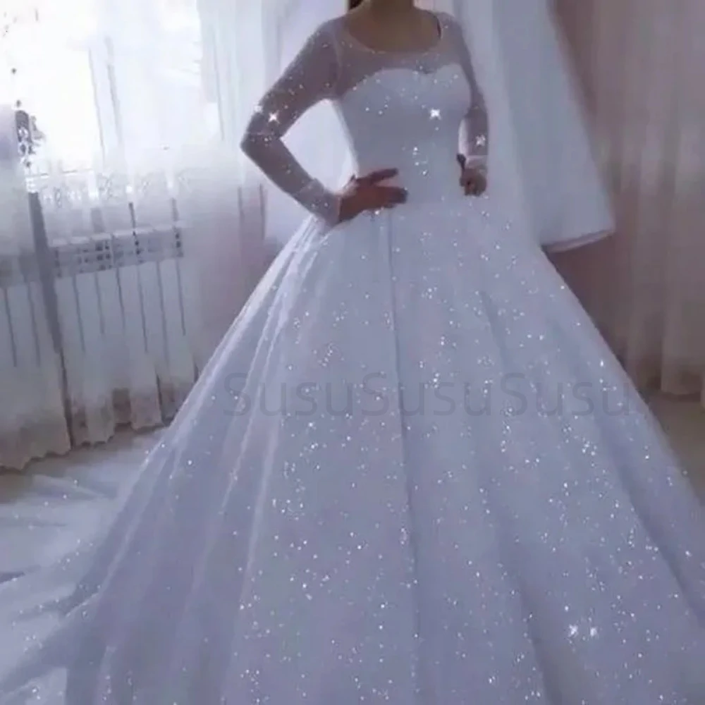 2023 neue wunderschöne A-Linie Brautkleider glitzernde Prinzessin Brautkleider Rundhals ausschnitt formelle Strand party benutzer definierte Vestidos de Novia