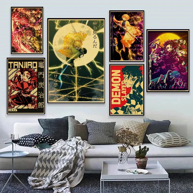 Japanese anime Demon Slayer HD Posters Prints Tanjirou Nezuko Vintage canvas printing Bar Art Wall Decor Aesthetic Painting