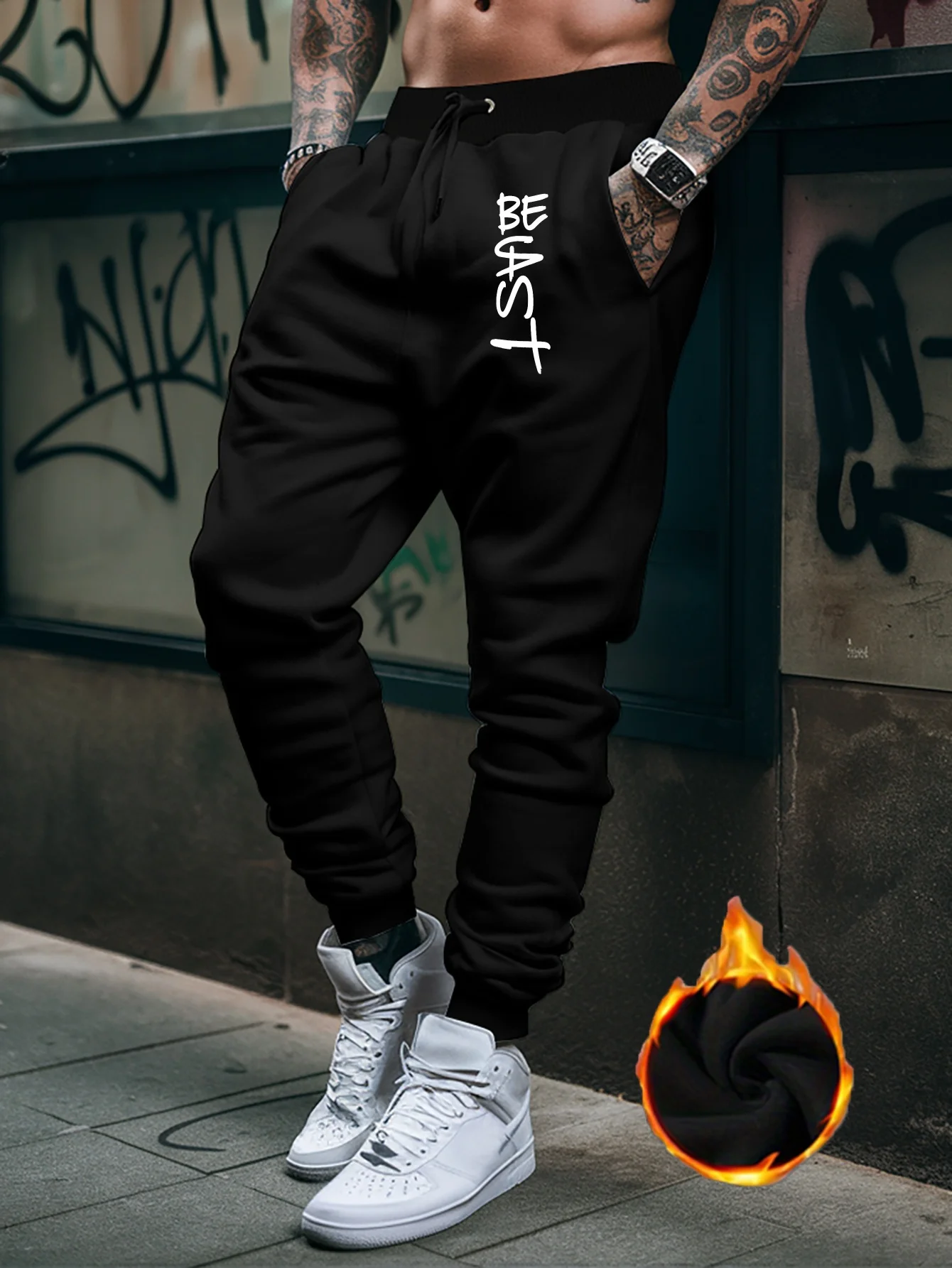 Fresh urban graffiti vertical word accent graphic dual‑leg sweatpants men hip hop sports daily jogger trousers
