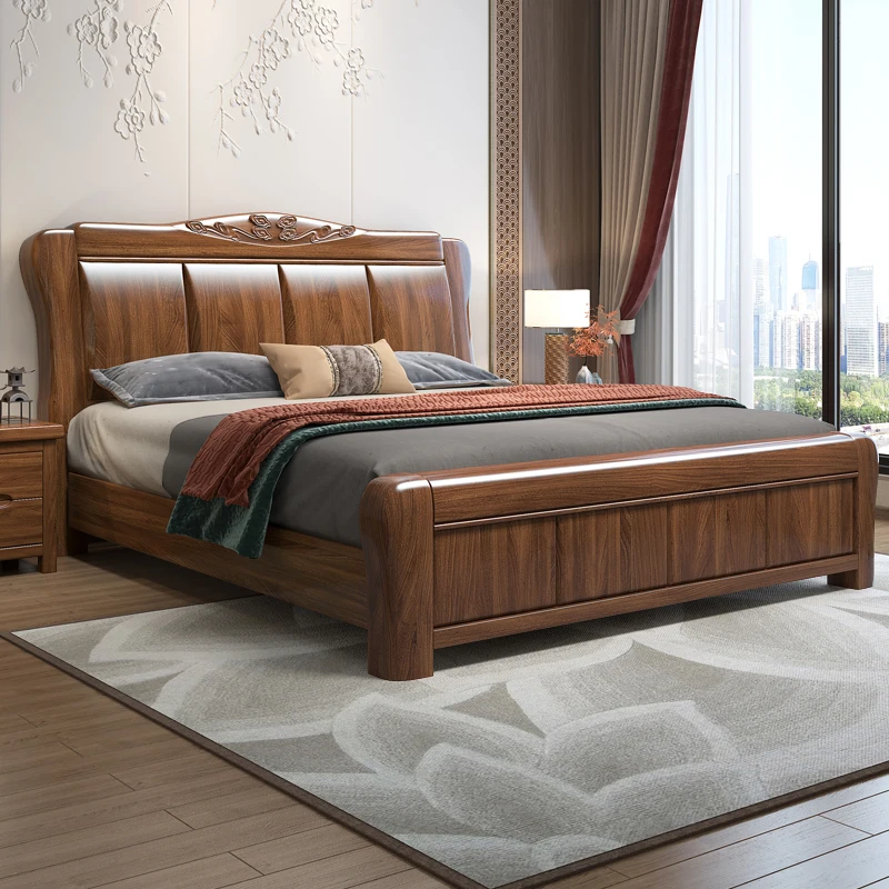 

# Oriental-Style Solid Wood Bed, Walnut Wooden Bed Frame with Artistic Carved Headboard & Traditional Craftsmanship