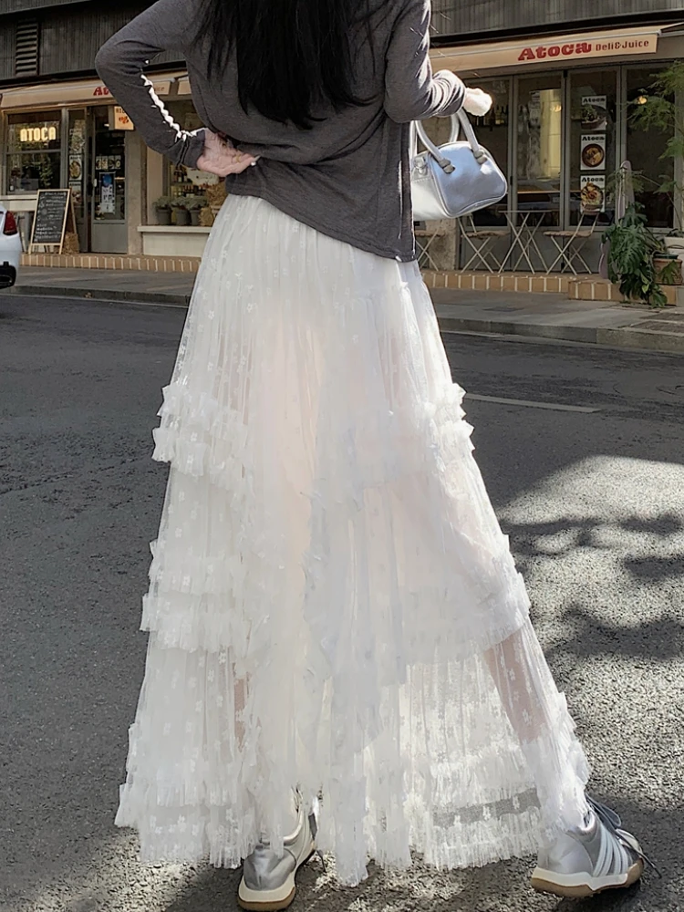 Long Skirt Womens White Skirts Goth Lolita Crochet Floral Spring Summer High Waist High Low Layer Ruched Lace Ball Gown Skirts