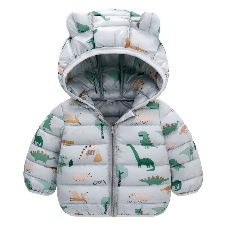Lightweight Jacket Kids Boys Girls Baby Cartoon Gray Dinosaur Zipper Hooded Coats Autumn Winter Christmas Outerwear 1-5 Year Old
