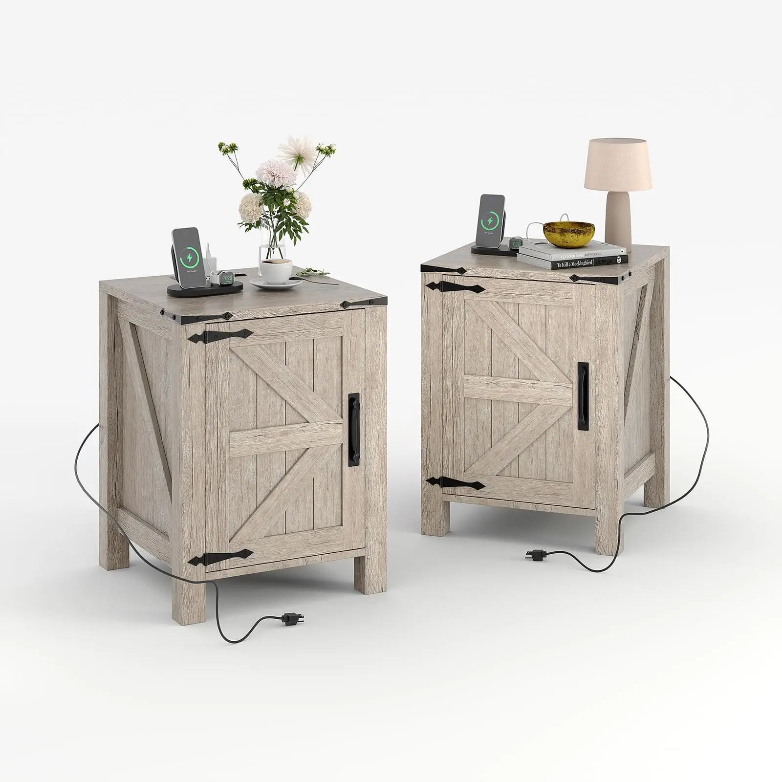 Rustic Farmhouse Nightstand with Charging Station, Barn Door and Adjustable Storage Shelf, Wooden Small Bedside Table, 18