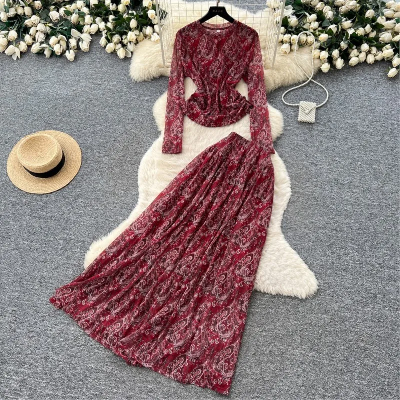 Women Elegant Print Skirt Sets Round Neck Full Sleeve Slim Tops Long Skirts A Line High Waist Autumn Streetwear Two Piece Sets - view 5