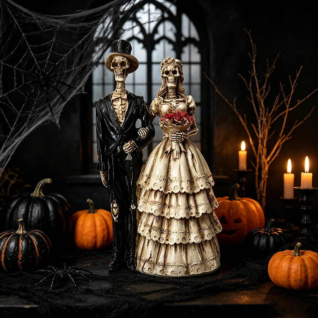 Skeleton Couple Statue Gothic Bride Groom Figurine Resin Skull Lovers Wedding Decor Halloween Home Table Ornament Gift