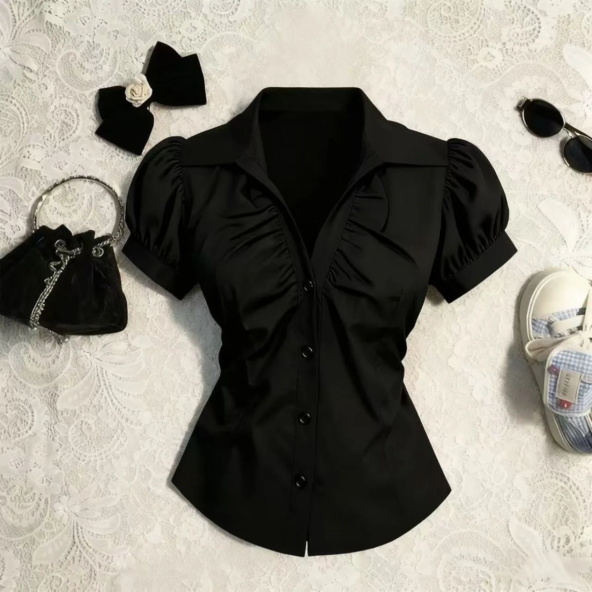 Womens Y2K Grunge Blouse Gothic Short Sleeve Ruched Slim Waist Shirt Harajuku E Girl Streetwear Retro Holiday Dating Daily Tops