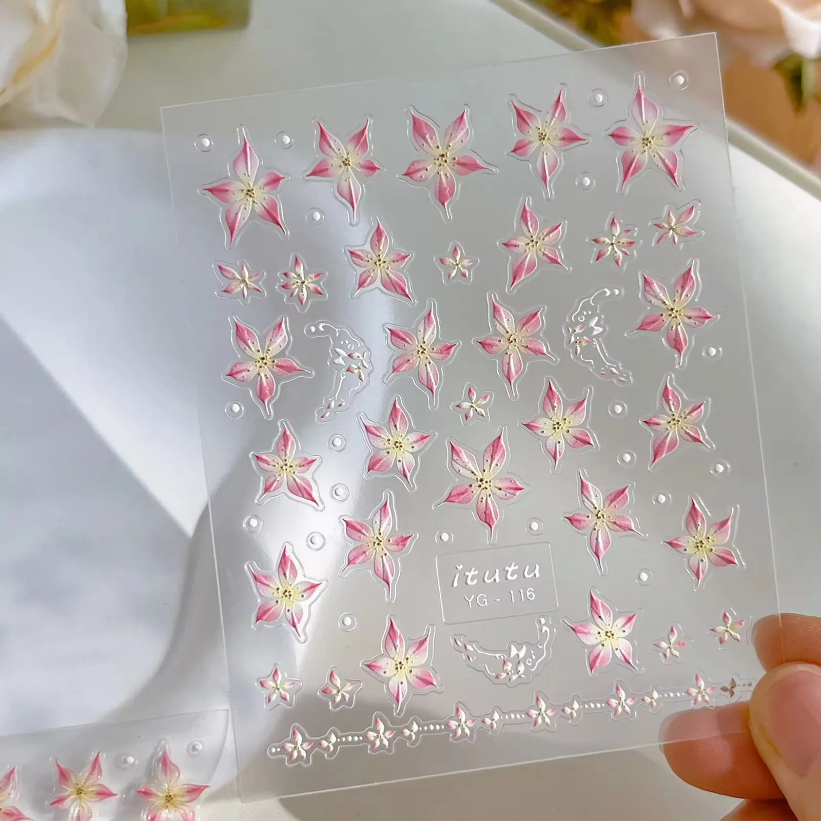 ネイルアート用3Dステッカー,1枚,ピンクのユリの花,5枚の花びら,装飾ステッカー,DIY,粘着スライダー,新品