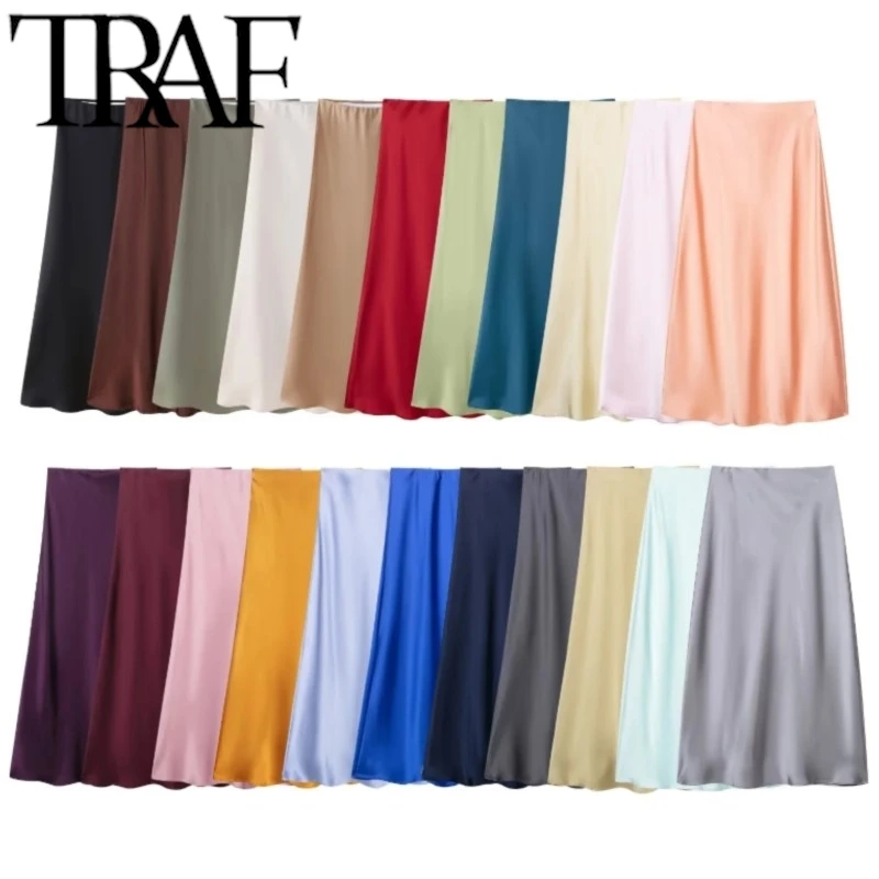 TRAF 2025 женские модные загадочные юбки с шелковой текстурой, повседневные тонкие брюки с высокой талией, весна-лето