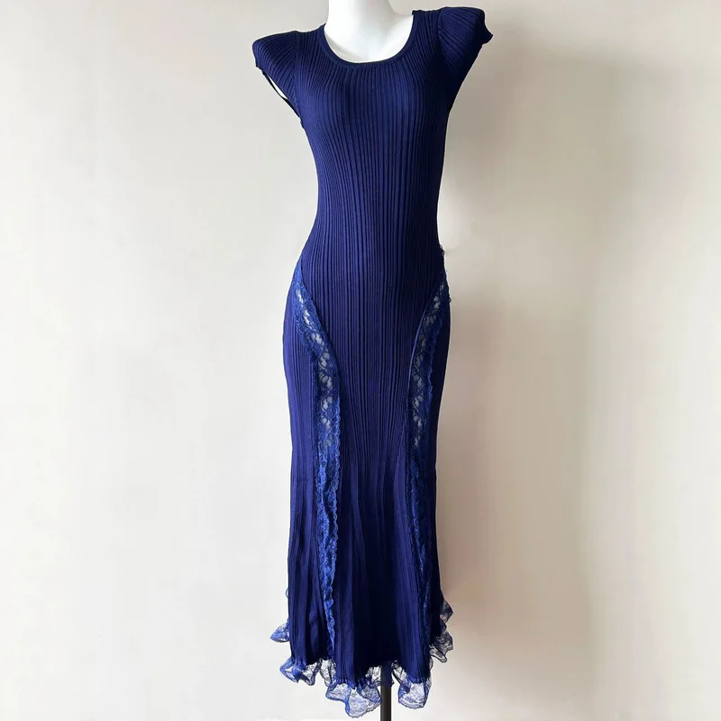 Abito Estivo da Donna Nuovo Stile alla Moda in Maglia a Maniche Corte con Pizzo, Elegante Vestito Lungo Aderente Femminile per Feste e Uso Quotidiano