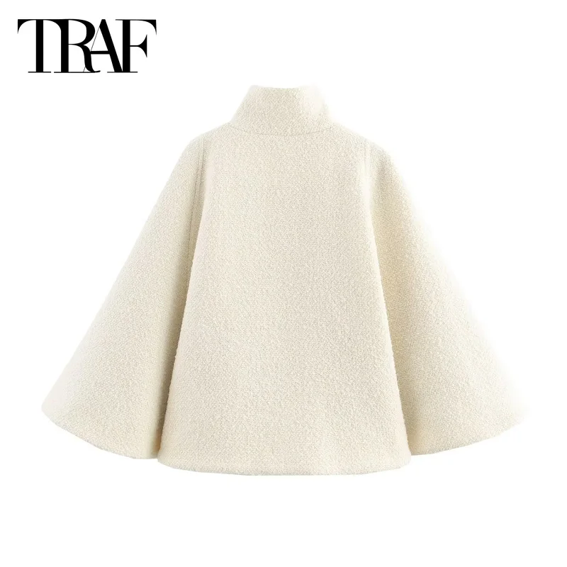 TRAF Beige Short Cape Coat 2024 Women's Warm Winter Large Size Long Sleeve Cropped Cloak Casual Elegant Coat New In Outerwears