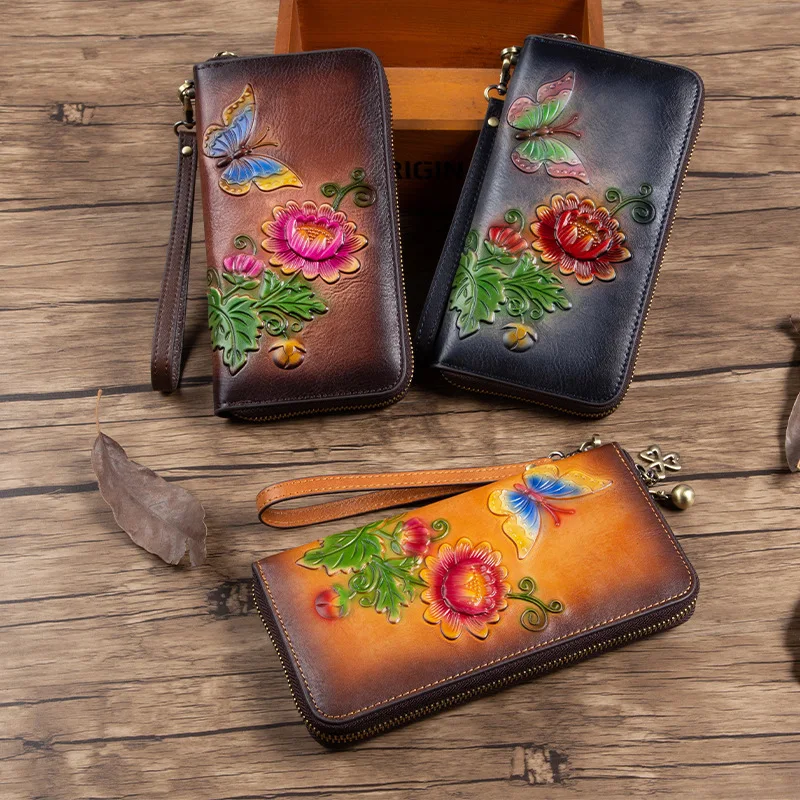Vintage Chinese style leather purse ladies long large capacity mobile phone storage leather handhold women's money clip