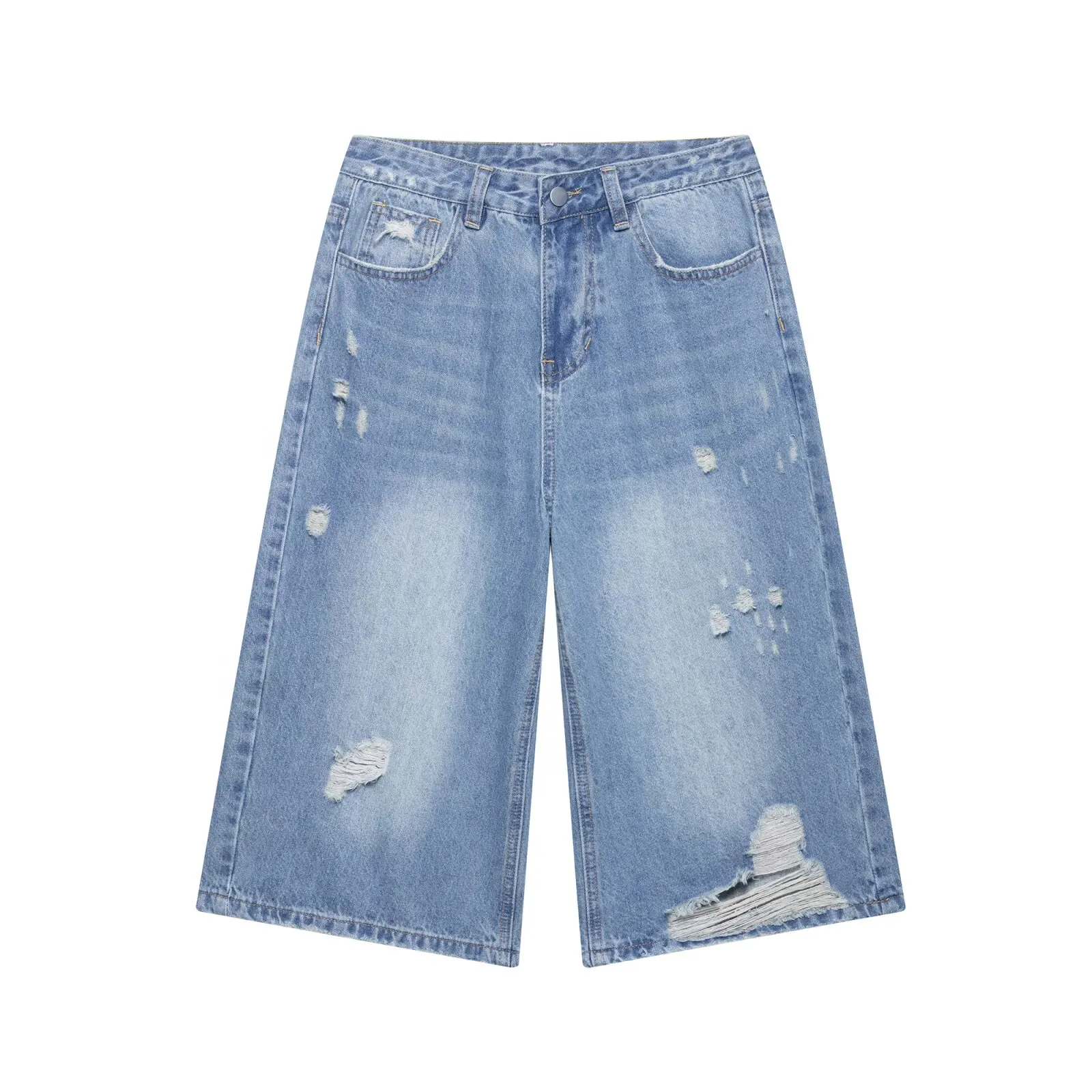 

BM&MD&ZA Women's Loose and Casual Summer Fashion Denim Three Quarter Length Shorts with Worn and Ripped Hole Decoration