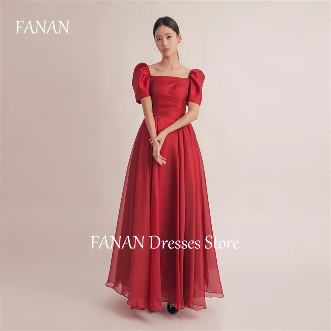 FANAN Square Collar Red Shiny Tulle Evening Party Dresses Sleeveless Korea  A-Line Wedding Women Formal Gowns Event Prom Gowns