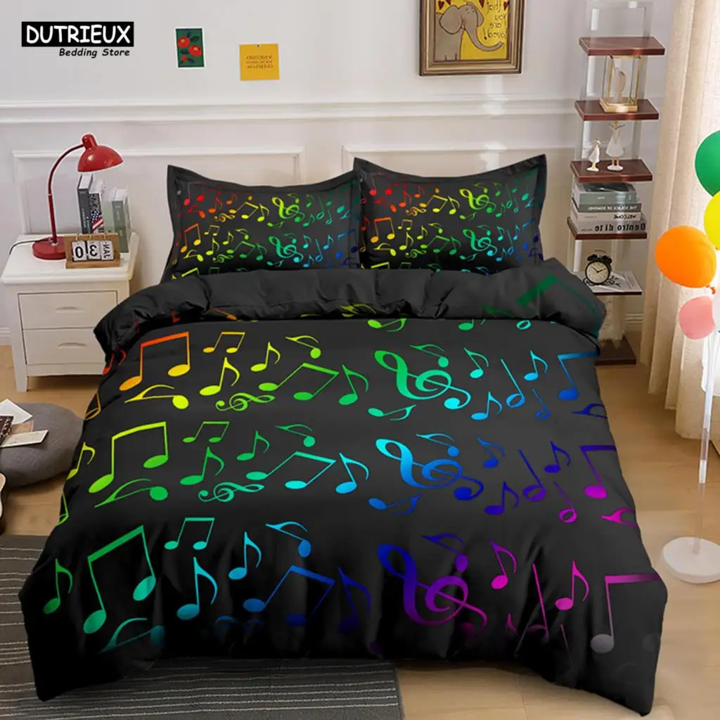 Musical Note Bedding Set 2/3pcs Music Theme Quilt Cover King/Queen Size With Pillowcase Fashionable Psychedelic Soft Duvet Cover