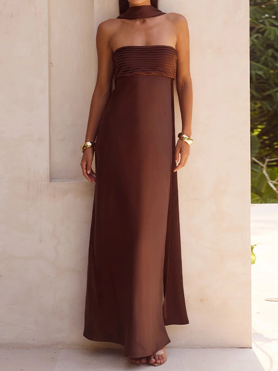 New Womens Long Satin Tube Dress Solid Color Low Cut Strapless Pleated Design Slim Dress Club Street Style S M L