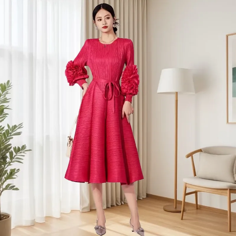 

Miyake Folds Dresses Early Autumn New Solid Color Round Neck Cuff Disc Flower Bud Dress Elegant Evening Dresses Women's Clothing