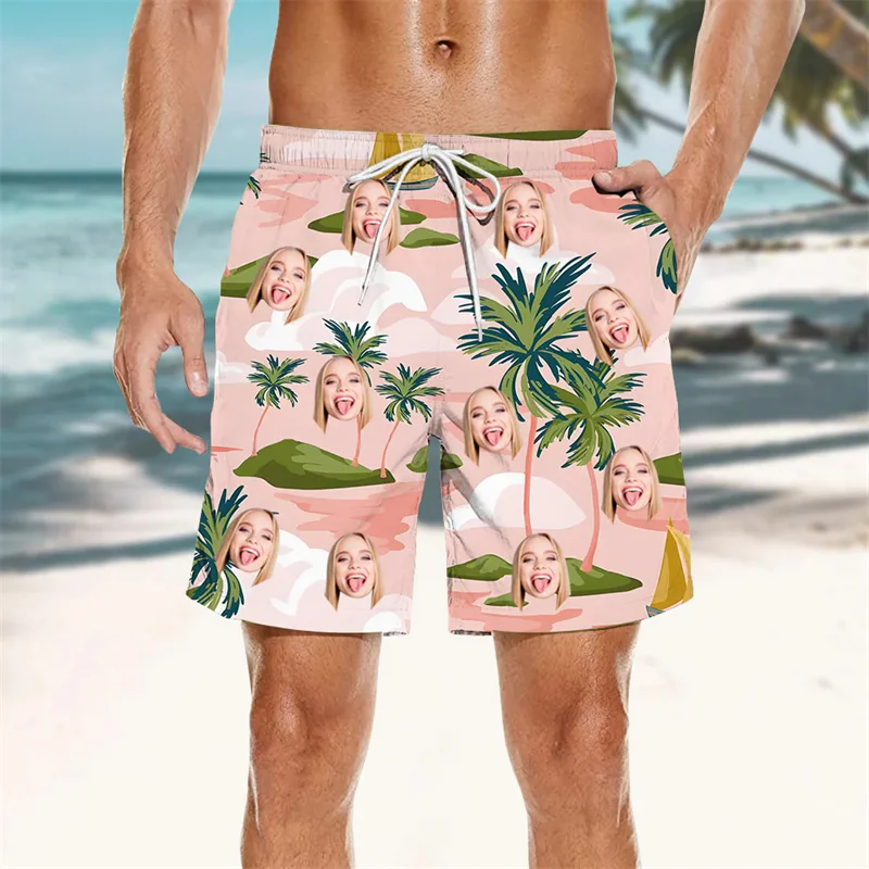 Palm Leaf Pattern Beach Shorts For Men Kids 3d Printing Plants Customize Face Swimming Trunks Summer Hawaiian Surf Board Shorts