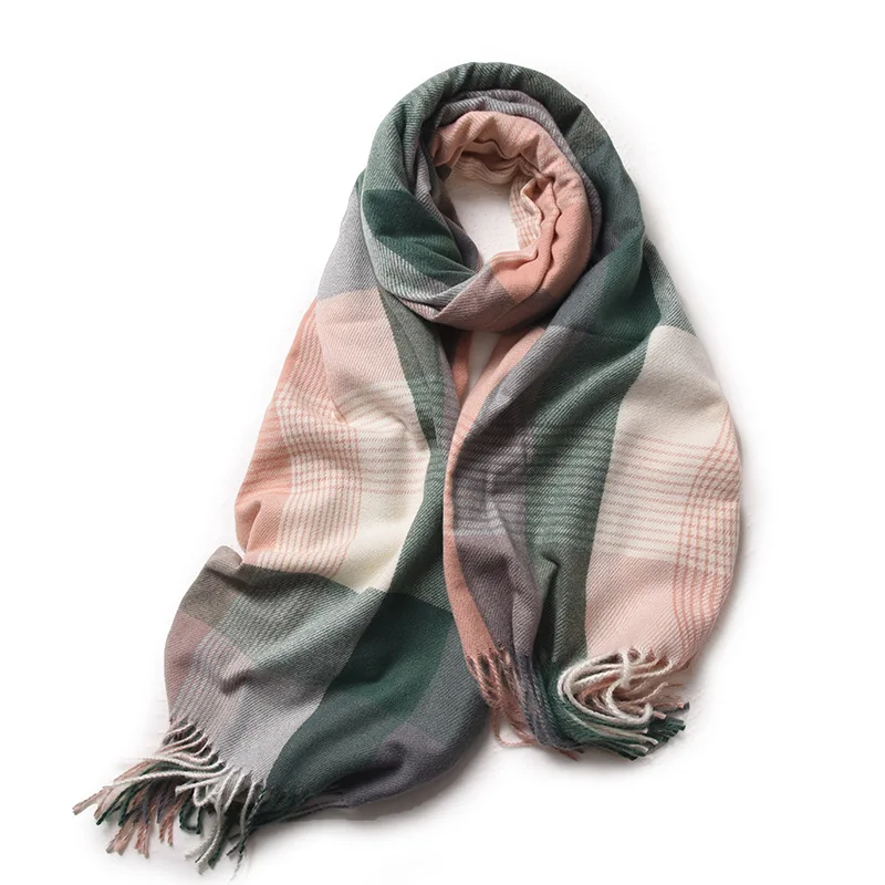 Women Dopamine Color Block Plaid Tassel Scarf Winter Warm Shawl Korean Style Fashion Neck Wrap