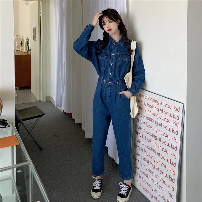 Streetwear Style Women Denim Overalls Pants Spring Autumn Long Sleeve Bodycon Jeans Romper Wide Leg Jumpsuits High Waist