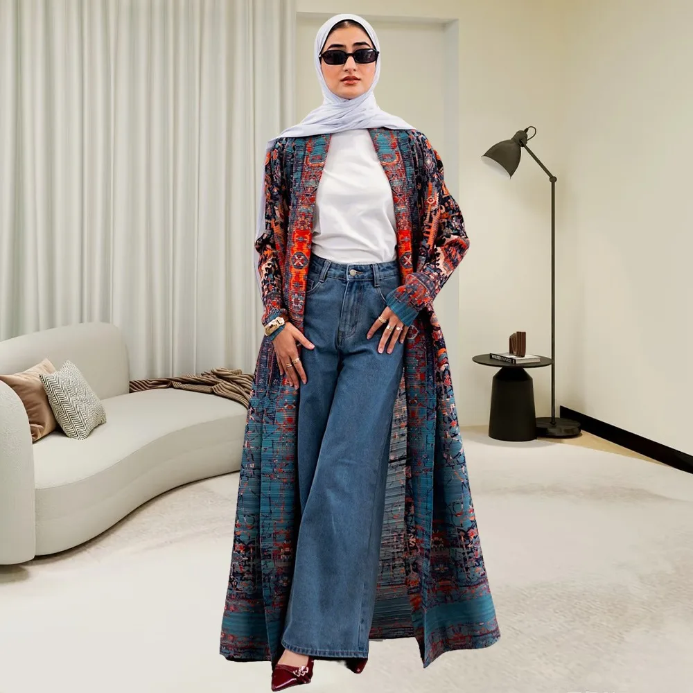 Abaya Temperament Plus Size Women's Miyake Pleated Long Trench Coat Jacket Middle East Robe Printed Arabian Cloak 55 Inches