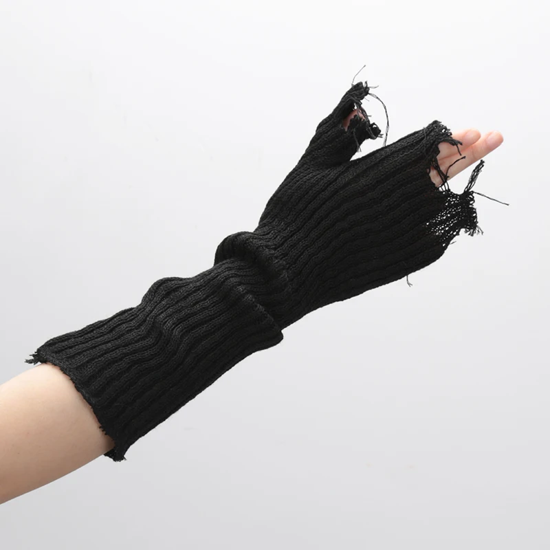 New Girl Gloves Black  Beige Tattered Punk Unisex Fingerless Cuff Knit Glove Women Men Elbow Mittens Broken Arm Warmer Gloves