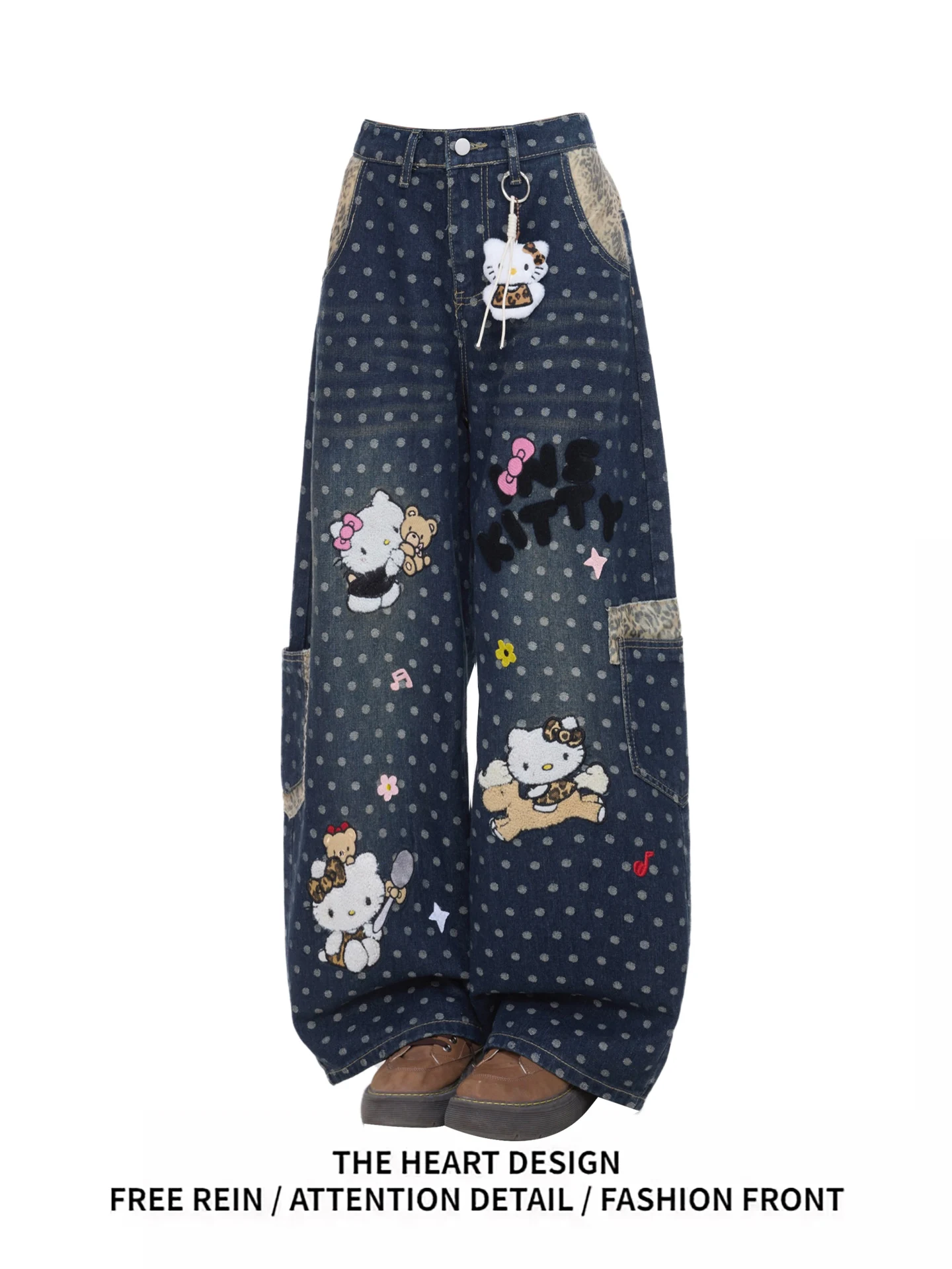 

Spring New Sle Kit Embroidery Polka Dot Leopard Print Wide Leg Straight Cut Jeans Women's Casual High Waist Denim Pants