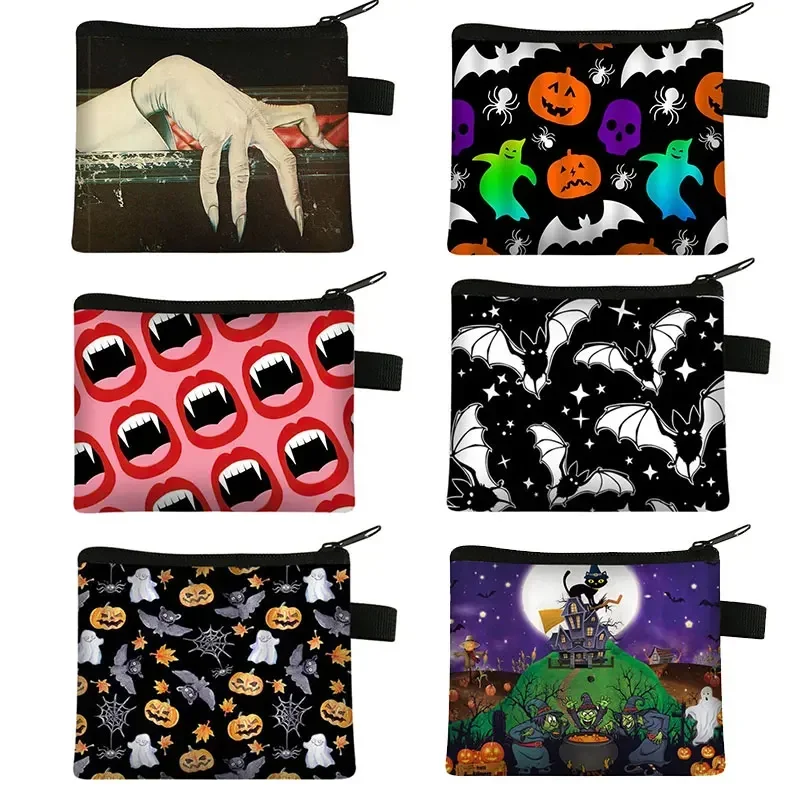 Monedero con estampado de calabaza y murciélago de gato y araña de vampiro para mujer, auricular, identificación, tarjeta de crédito, monedero, cartera pequeña gótica, bolsas de Halloween