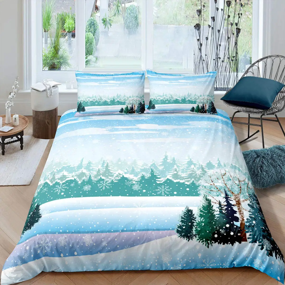 Snow Mountain Bedding Set Winter Snow Scene Comforter Cover for Boys Girls Kids 3D Duvet Cover Set Bedroom Decor 3 Pcs Full Size