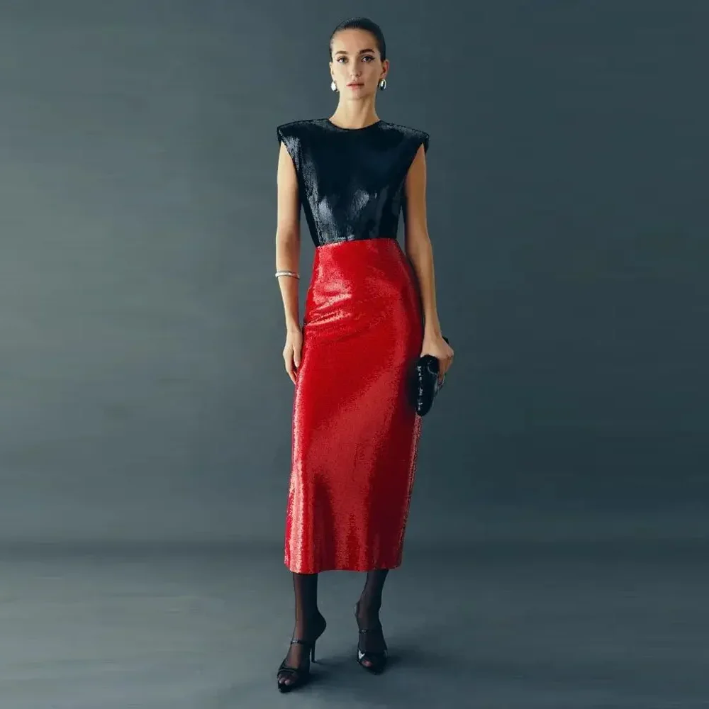 

New Couture Red Sequin Women Skirts Ankle Length Fashion Women Maxi Skirt Back Split Skirt Ankle Length