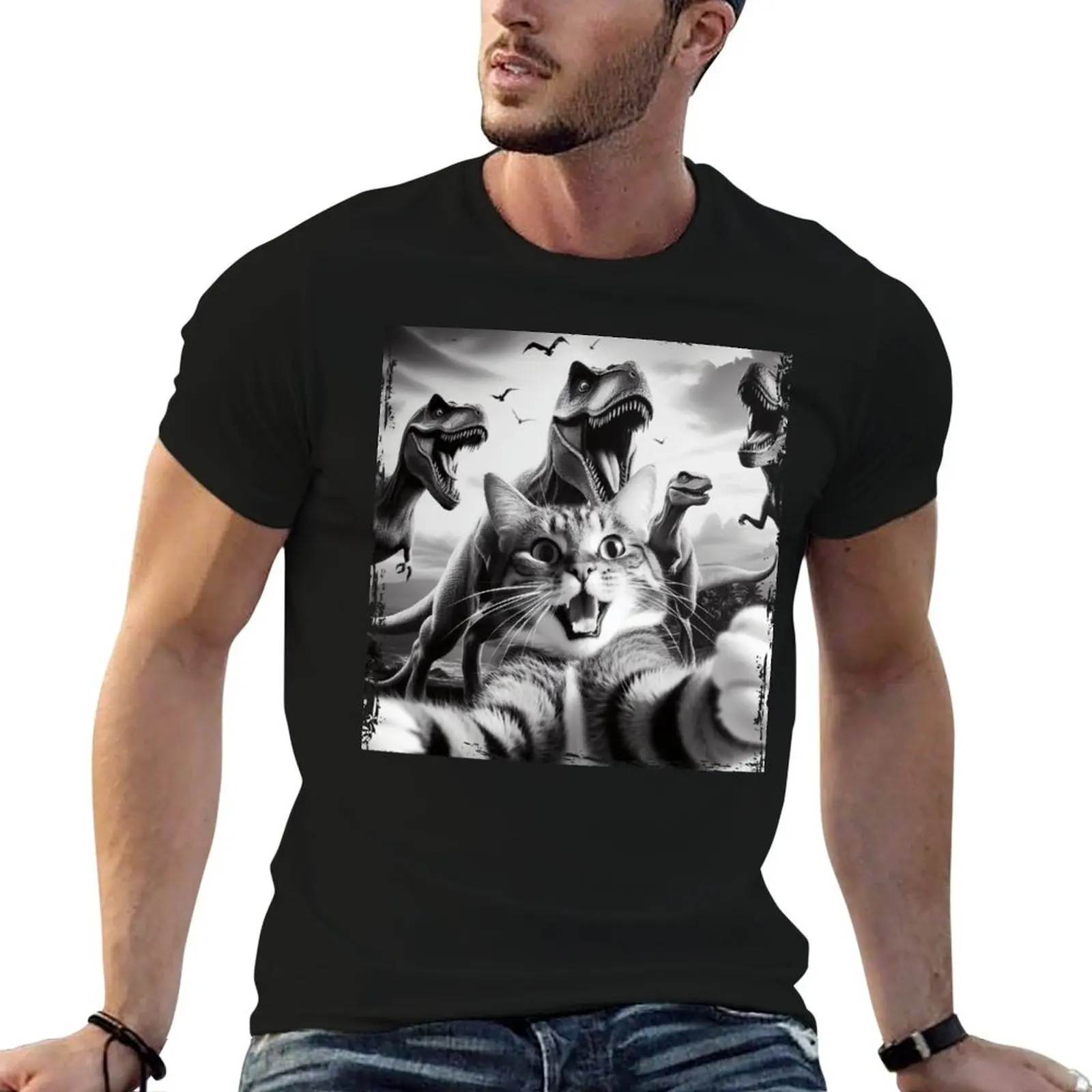 Funny Cat Dinosaur Selfie T-Shirt Basic Regular Fit Casual T-Shirt