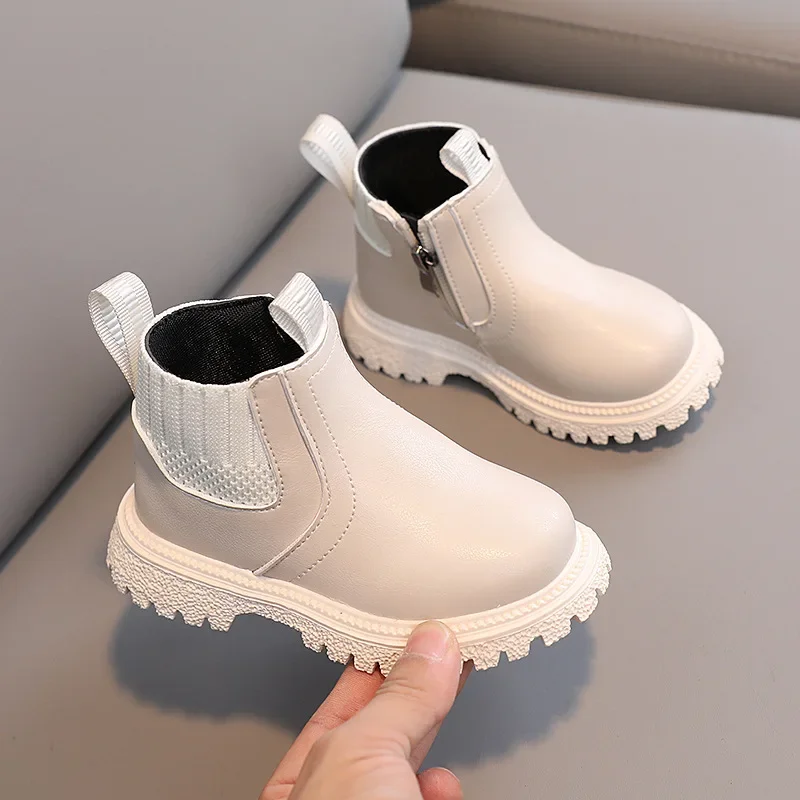 Botas cortas para niño y niña, botas individuales antideslizantes con cremallera lateral para niños, botas de cuero para niños