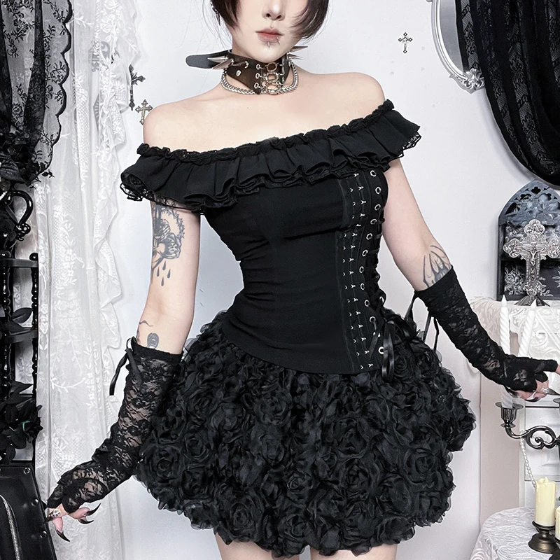 

AltGoth Dark Gothic Hotsweet T-shirt Women Vintage Cute Streetwear Harajuku Off The Shoulder Lace Patchwork Bandage Crop Tee Top