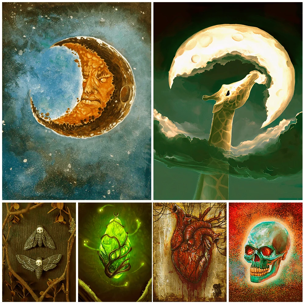 Grumpy Moon And Magic Stone Wall Art Vintage Canvas Painting Skeleton Moth Black Witchcraft Art Poster And Print Decor Unframed