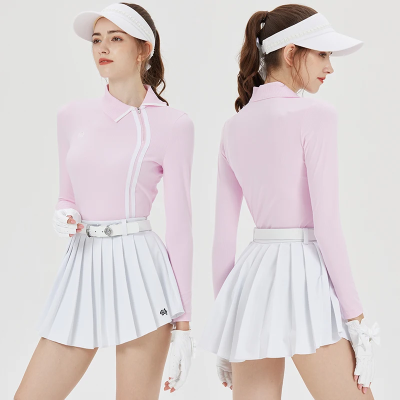 

Blktee Women Long Sleeve Zipper Collar Golf Shirt Elastic Stripe Tops Lady Pleated Golf Ball Skirt High-Waisted Slim Skorts Suit