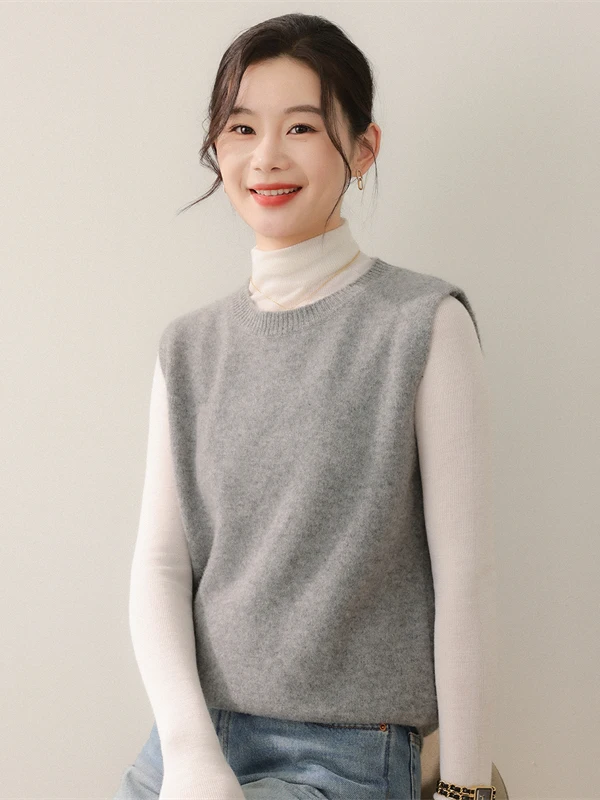 

Autumn Winter New Sle Women's Pure Wool Knitted Vest Svel round Ne Loose Slimming Sweater oulder Pad Chinese Prod...