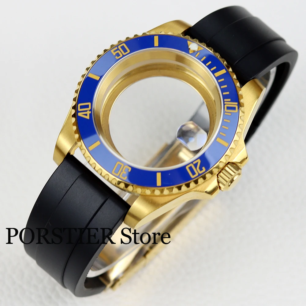 

40mm NH35 Case Gold pvd with rubber watchband for sub gmt yacht NH34 NH35 NH36 movement 28.5mm dial sapphire glass watch parts