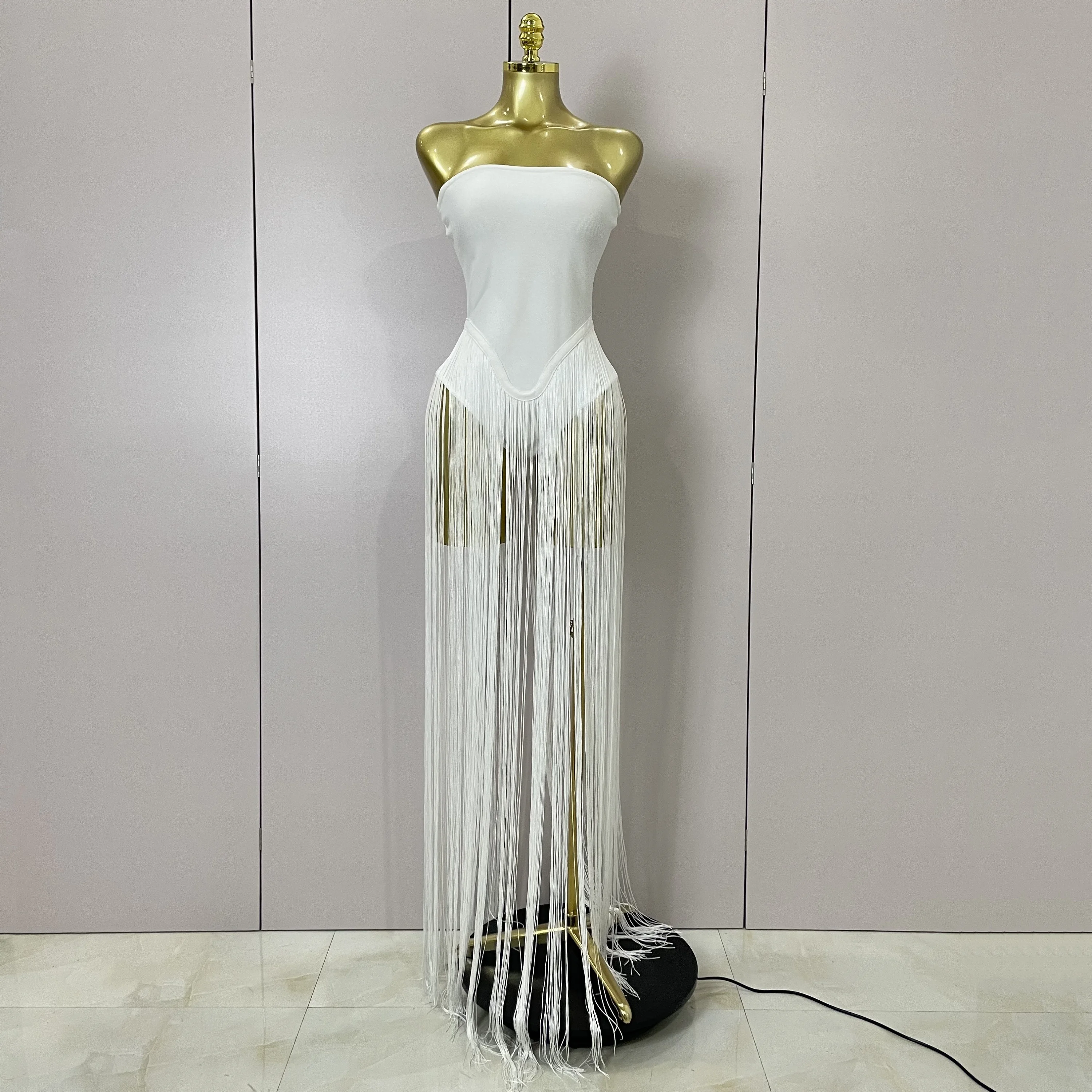 Sexy White Strapless Long Tassels Bandage Bodysuit Women Elegant Evening Party Luxury Birthdy Nightclub Singer Stage Outfit