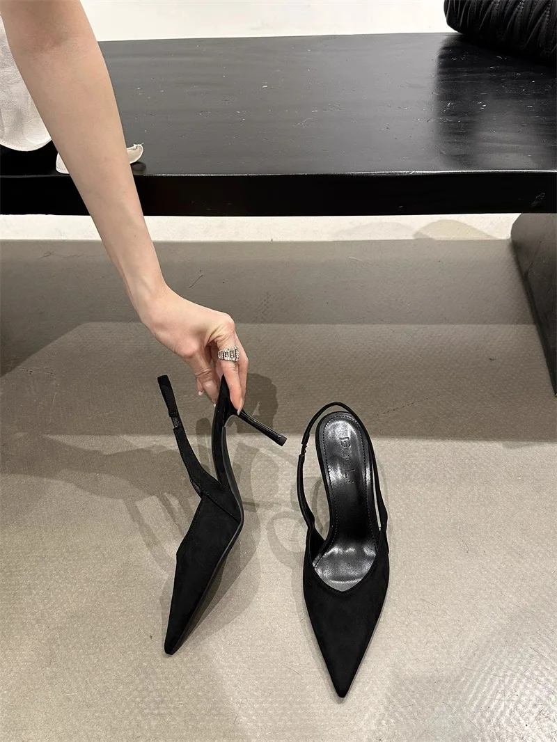 French Pointed Toe Leopard Print High Heels Velvet Surface Thin Heel Women's Sandals Spring Summer New Style Slip-On Shoes