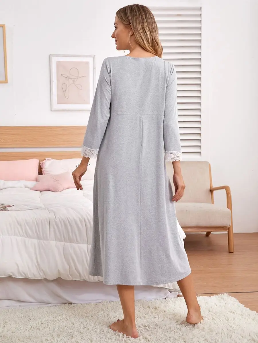 Maternity Lace Trim Nightdress With Surplice Front For Women Fall Winter