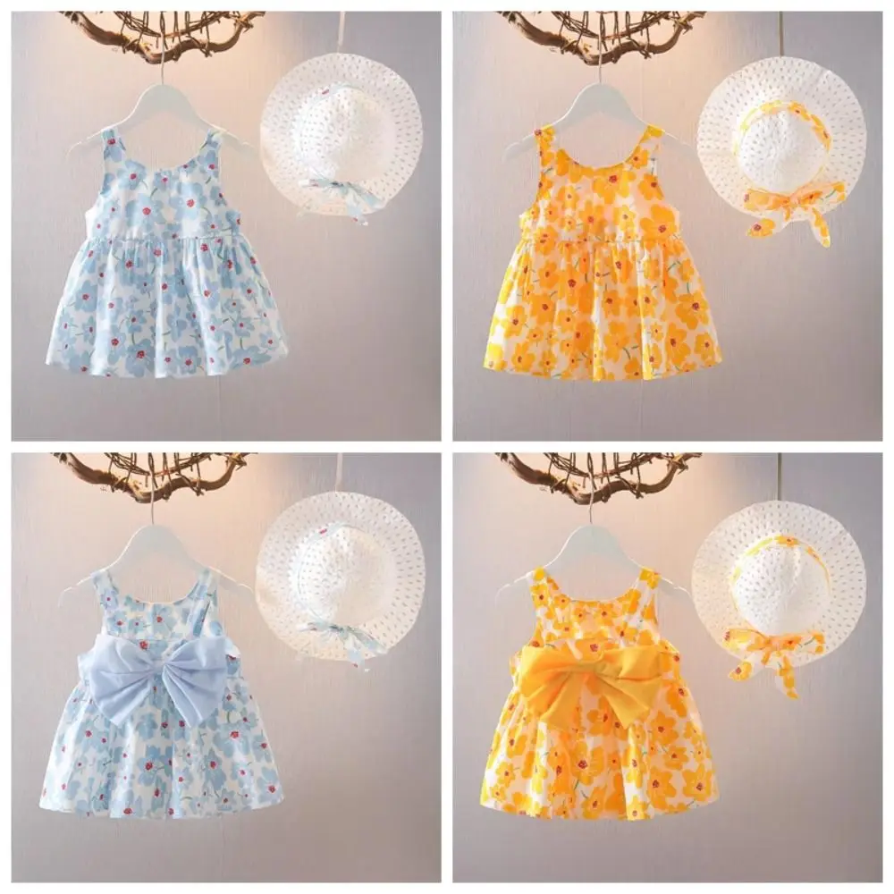 

Fashion Bowknot Baby Girl Princess Dress Summer Cotton Floral Dress with Hat Loose Sweet Kids Flower Dress Holiday