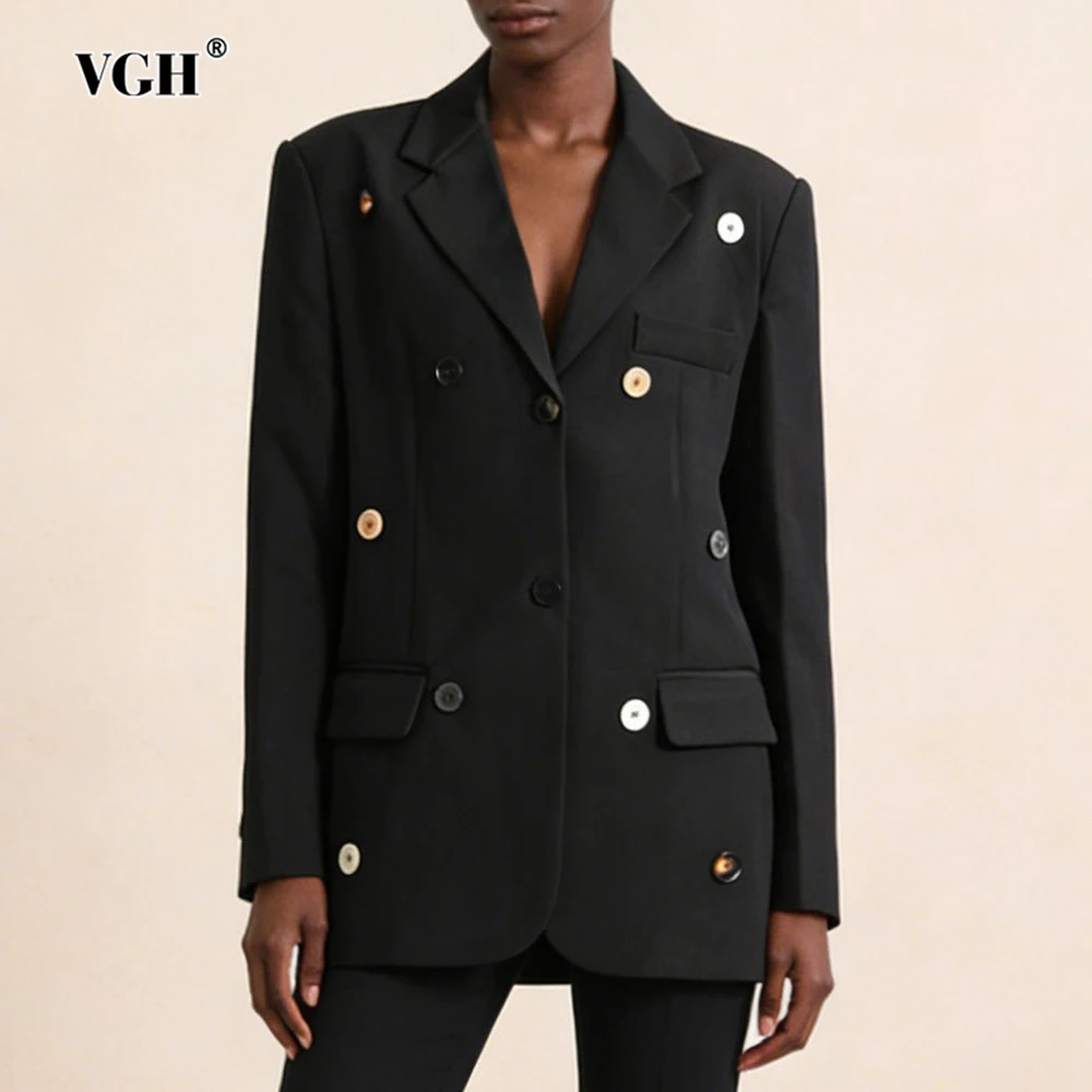 

VGH Design Sense Spliced Button Loose Jackets For Women V Neck Long Sleeve Autumn Casual Commute Blazers Female Fashion Style
