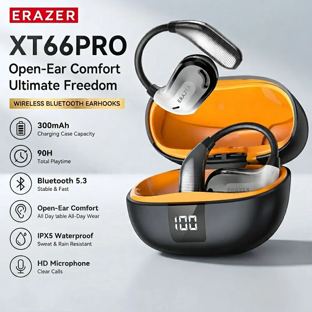 Écouteurs Bluetooth ERAZER XT66PRO, traducteur IA, écouteurs sportifs sans fil, casque ouvert avec microphone, faible latence