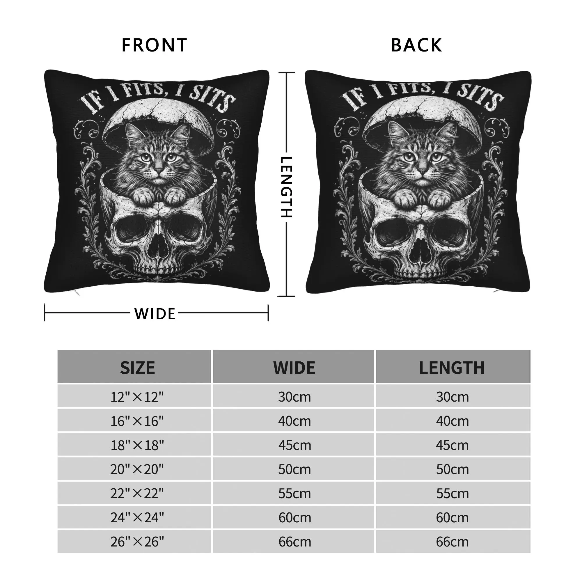 If I Fits I Sits Black Cat Skull Gothic Dark Humor Meme Pillow Case  Comfy Pillow Cover For Living Room Bed Chair Pillowcases