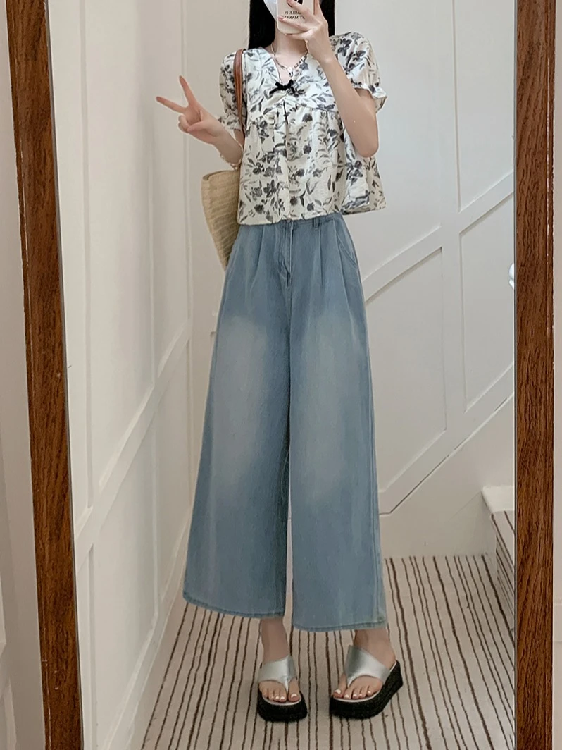 2024 new casual loose denim wide-leg pants suit women bubble sleeve floral top shirt short sleeve two-piece summer