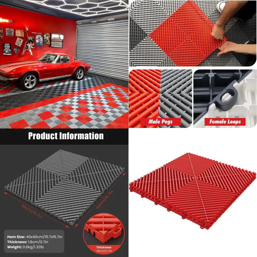 

15.7 x 15.7 Non-Slip Interlocking Plastic Tiles for Garage Flooring, Vented, Red, 25 Pack