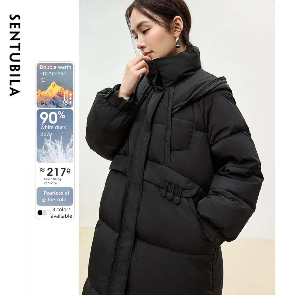 

SENTUBILA Casual Hooded Down Coat Women 2025 90% White Duck Stand Neck Down Zipper Spliced Warm Winter Overwear W44Y56062