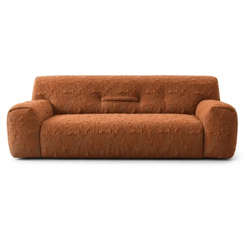 Modern orange high-relief plush fabric double sofa, low and fluffy design, suitable for living room and apartment