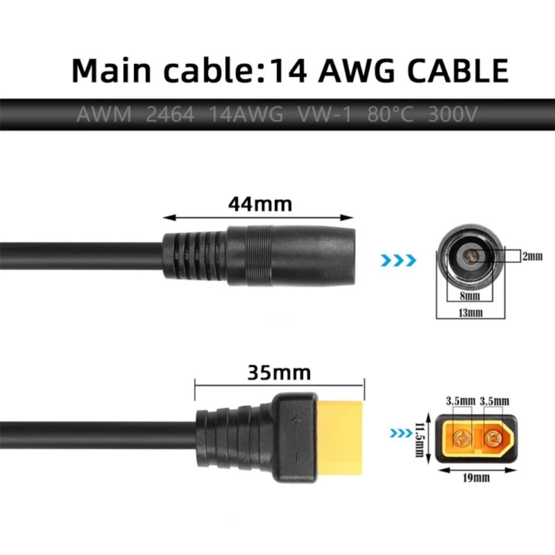 XT60 إلى 8 مم DC8020 كابل محول الطاقة 14AWG لحل الطاقة الخارجية